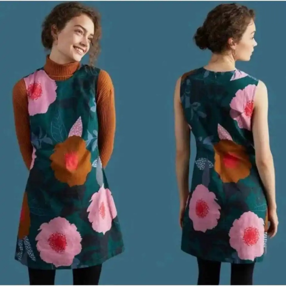 Anthropologie Conditions Apply Linen Shift Dress Size S Teal Pink Floral